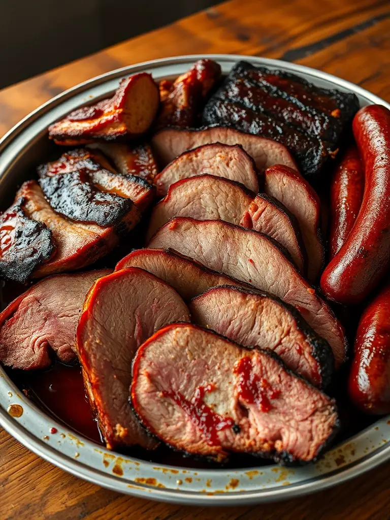 A vibrant image showcasing a beautifully arranged platter of brisket, ribs, and sausage from the 'The Texan' catering package, highlighting the generous portions and authentic Texas BBQ style.