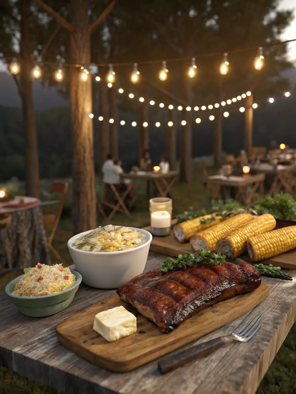A beautifully decorated wedding reception table featuring a BBQ carving station with a pitmaster slicing brisket for guests.