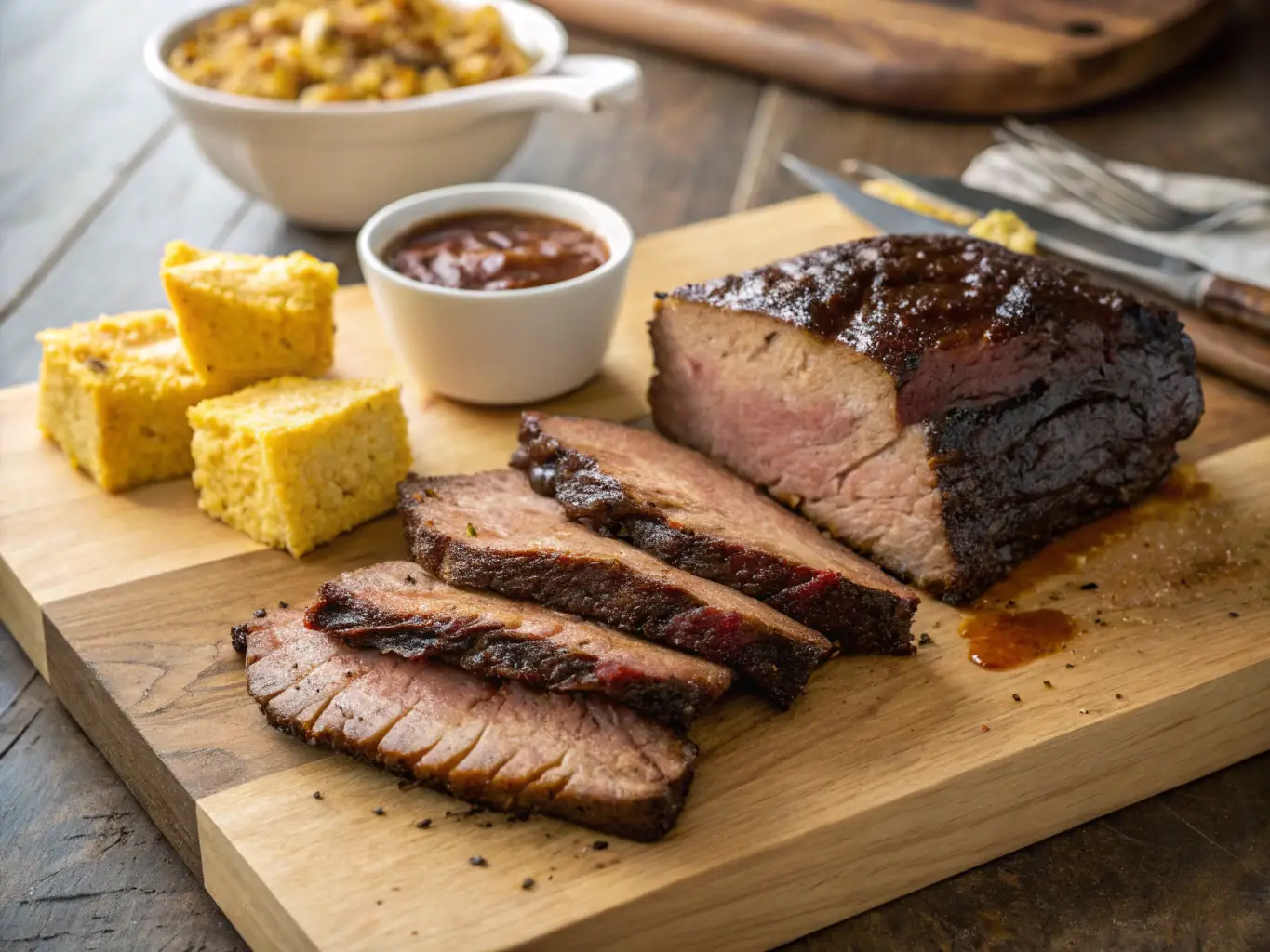 A close-up shot of a perfectly sliced, juicy brisket with a visible smoke ring, placed on a wooden cutting board with a carving knife.