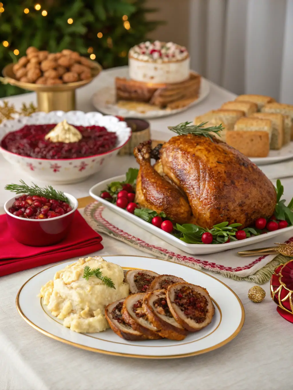 A visually appealing image of a catering setup with smoked turkey breast, cranberry sauce, and cornbread, representing the 'Holiday Feast' catering package.