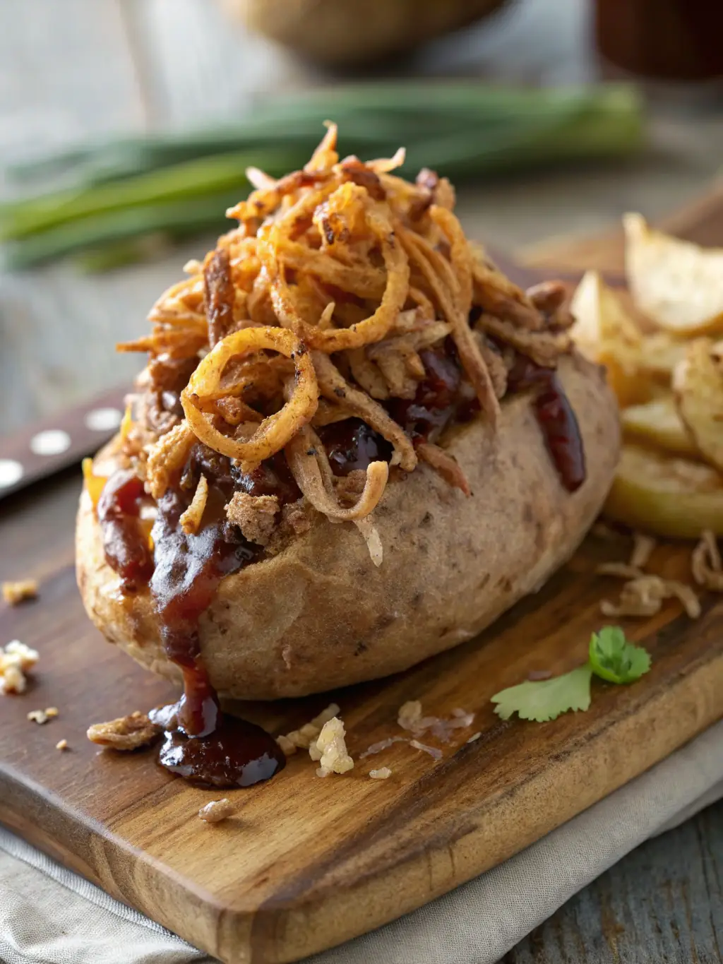 Pulled pork piled high on a brioche bun, topped with homemade BBQ sauce and served with a side of potato salad.