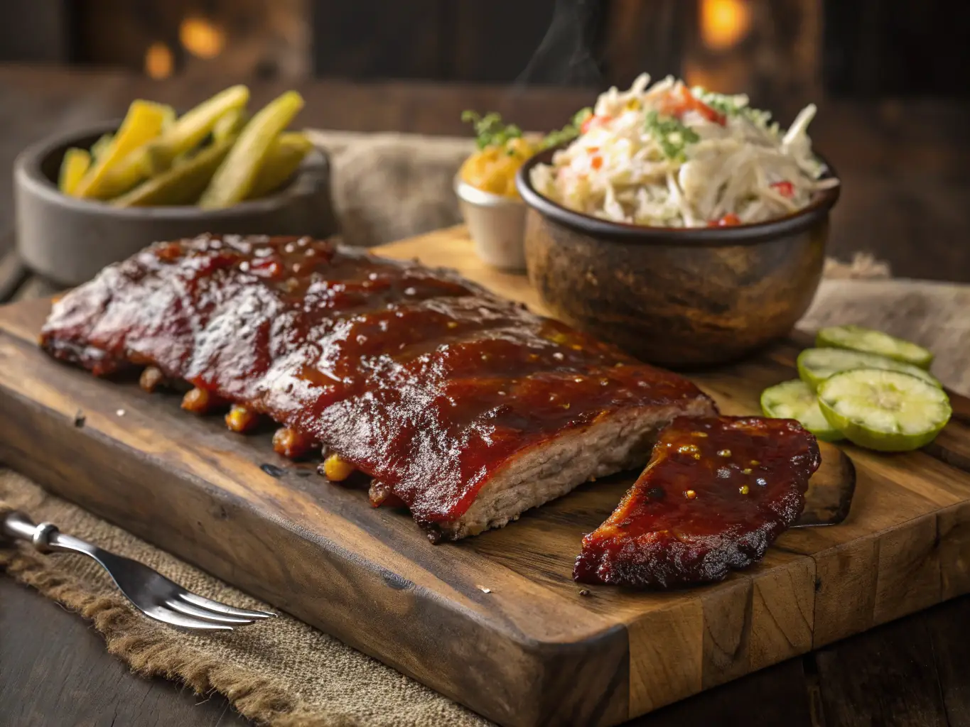 A rack of perfectly smoked ribs with a rich, mahogany color, glistening with barbecue sauce and placed on a metal tray.