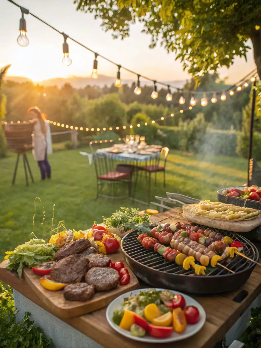 A high-angle shot of a buffet table laden with smoked brisket, pulled pork, and various BBQ sauces, set up at an outdoor corporate event.