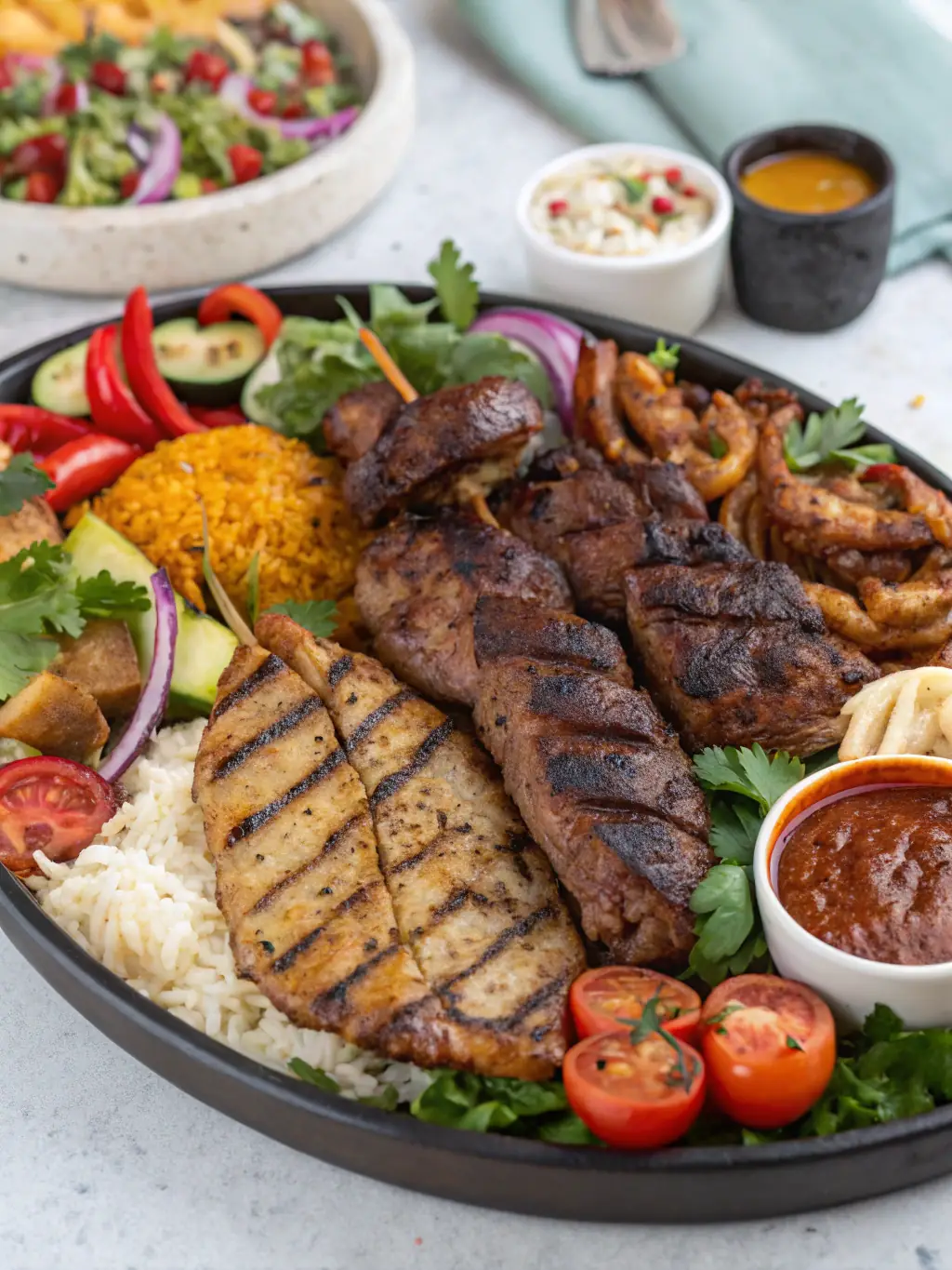 A close-up shot of a variety of BBQ meats, including ribs, sausage, and chicken, arranged on a wooden platter.