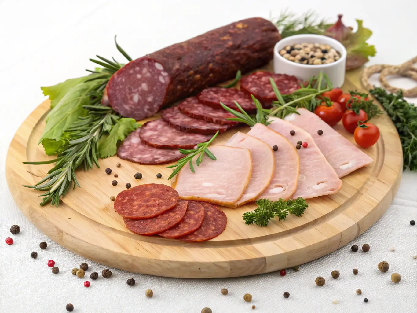 A selection of various sausages, including jalapeño cheddar and traditional smoked sausage, arranged on a platter with mustard and pickles.